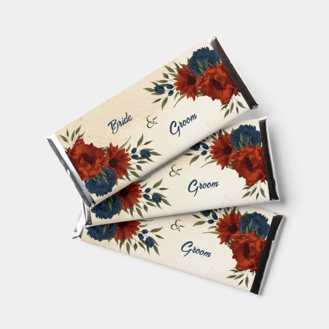 burnt orange navy flowers wedding hershey bar favors (Front)