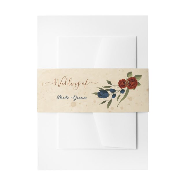 burnt orange navy flowers wedding invitation belly band (Front Example)