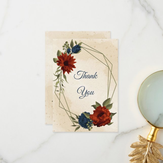 burnt orange navy flowers wedding thank you card (Front/Back In Situ)