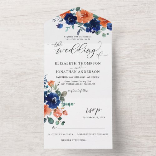 Burnt Orange Navy Royal Blue Wedding Details RSVP All In One Invitation