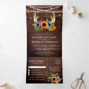 Burnt Orange Navy Sunflowers Antler Wood Wedding Tri-Fold Invitation