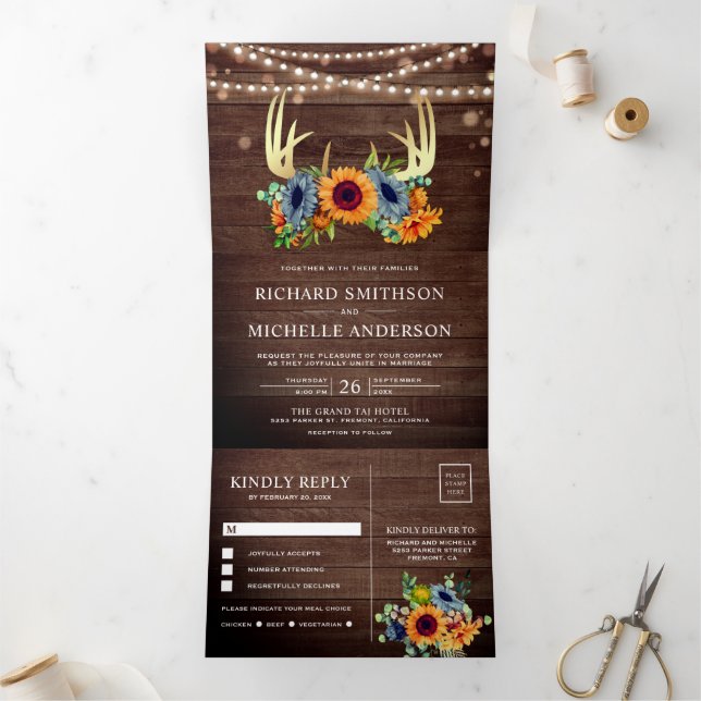 Burnt Orange Navy Sunflowers Antler Wood Wedding Tri-Fold Invitation (Inside)