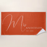 Burnt Orange Newlyweds Name Personalized Honeymoon Beach Towel<br><div class="desc">Celebrate your love in style with this personalized beach towel for adults, featuring the newlyweds' names in an elegant, modern design. Perfect for a honeymoon beach trip, anniversary getaway, or romantic vacation, this soft and vibrant towel is a must-have for couples who love to travel together. Designed with a bold...</div>