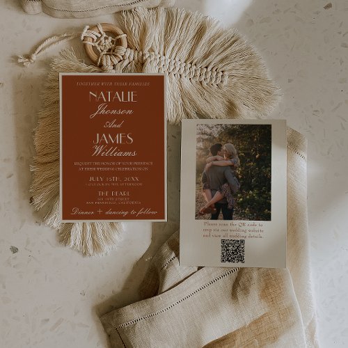 Burnt Orange Old Money QR Code Photo Wedding Invitation