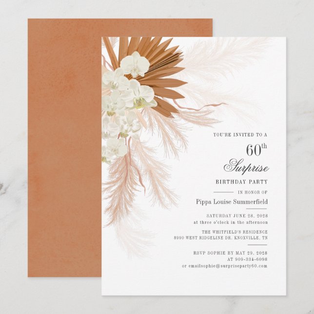 Burnt Orange Pampas Grass 60th Birthday Party Invitation (Front/Back)