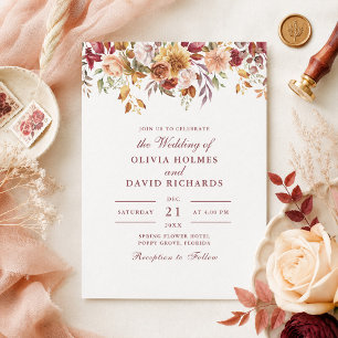 Burnt Orange & Peach Autumn Floral Border Wedding  Invitation