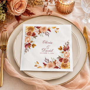 Burnt Orange & Peach Autumn Floral Wedding Paper Dinner Napkins