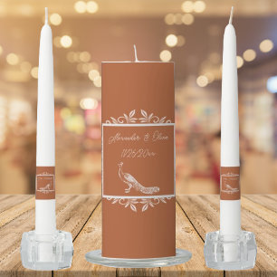 Burnt Orange Peacock Flourish Wedding Unity Candle Set