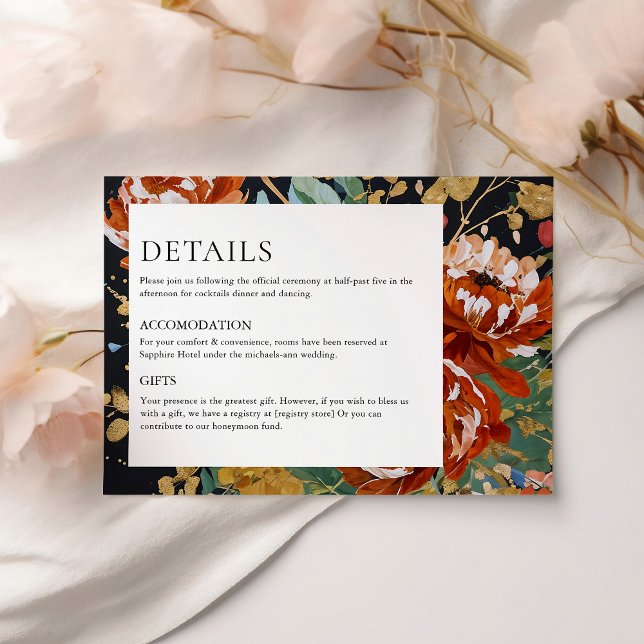 Burnt Orange Peonies Floral Gold Painting Wedding Enclosure Card (Creator Uploaded)