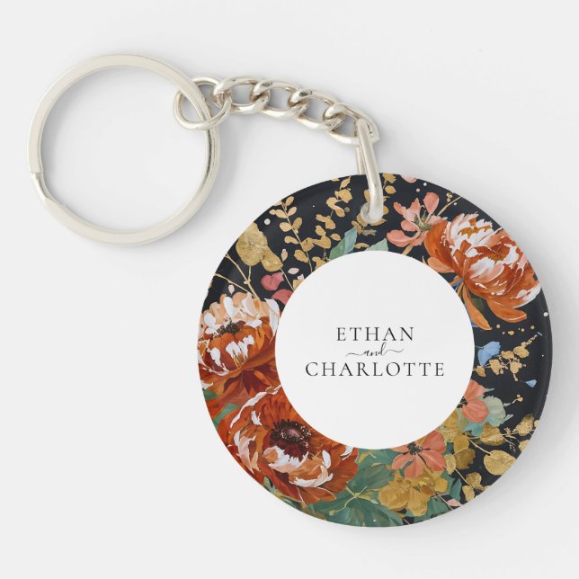 Burnt Orange Peonies Floral Painting Gold Wedding Keychain (Front)