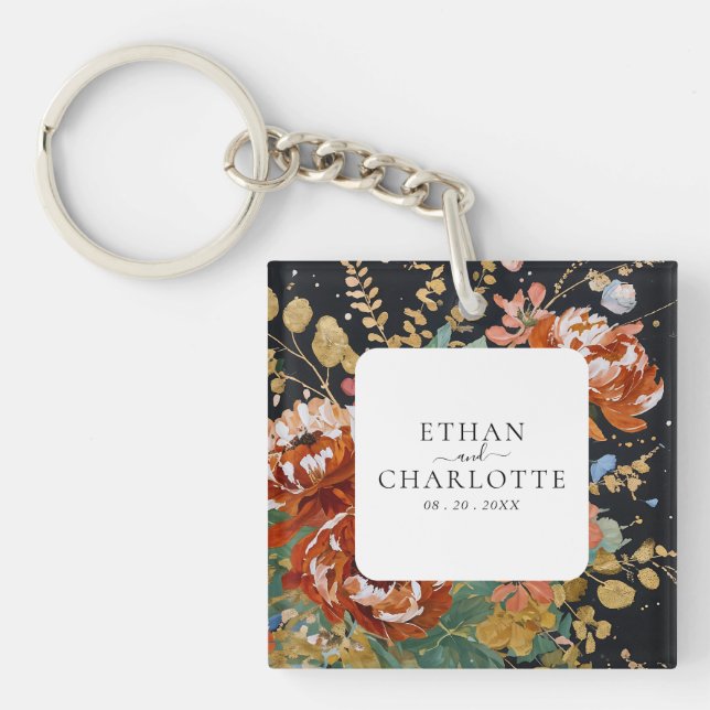 Burnt Orange Peonies Floral Painting Gold Wedding Keychain (Front)