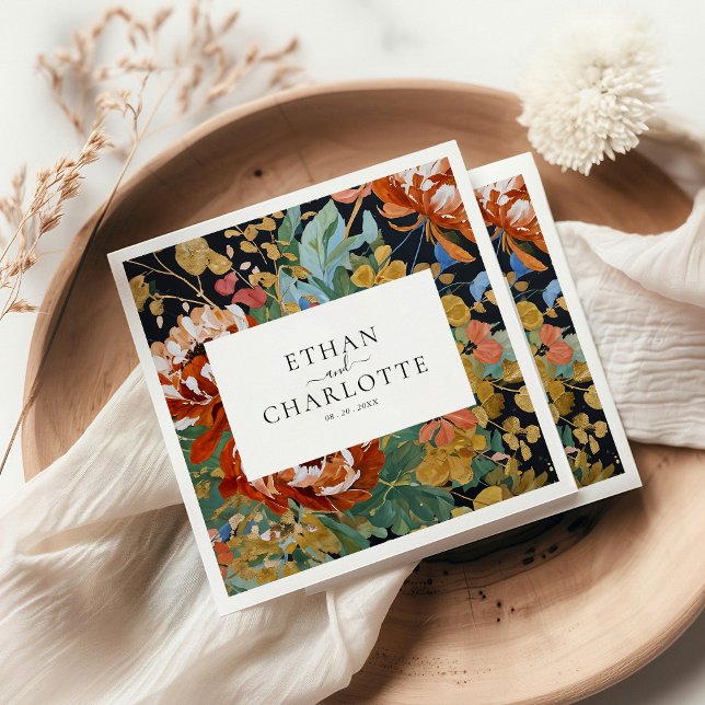 Burnt Orange Peonies Floral Painting Gold Wedding Napkins (Creator Uploaded)