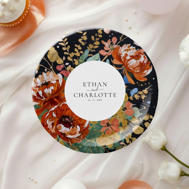 Burnt Orange Peonies Floral Painting Gold Wedding Paper Plates (Creator Uploaded)