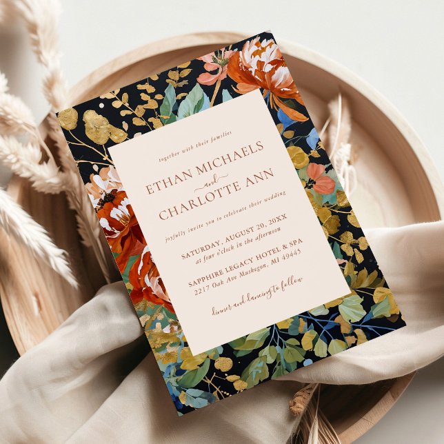 Burnt Orange Peony Floral Painting Gold Wedding Invitation (Creator Uploaded)