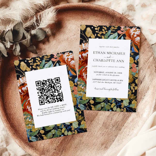 Burnt Orange Peony Floral Painting QR Code Wedding Invitation (Creator Uploaded)