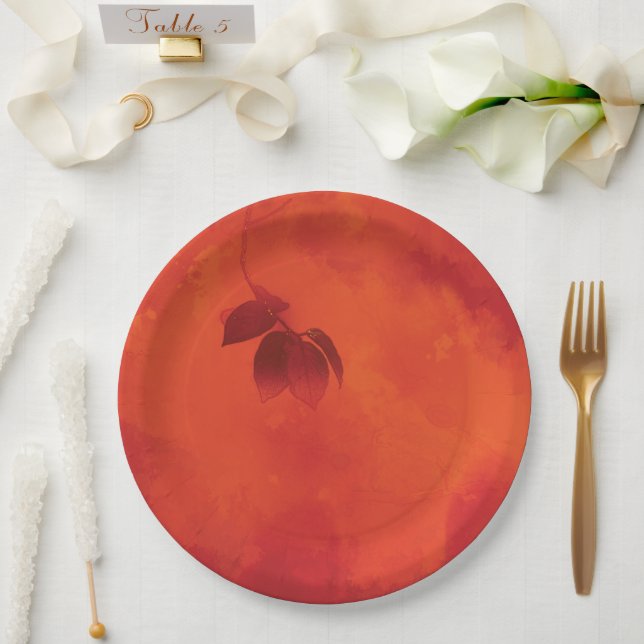 Burnt Orange Persimmon Leaf Abtract Autumn Paper Plates (Wedding)