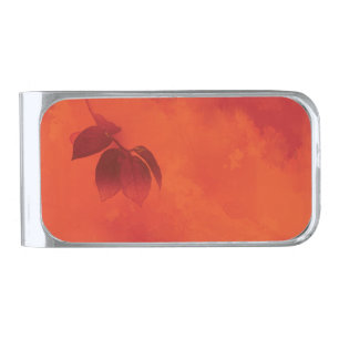 Burnt Orange Persimmon Leaf Abtract Autumn Silver Finish Money Clip