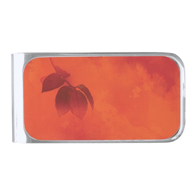 Burnt Orange Persimmon Leaf Abtract Autumn Silver Finish Money Clip (Front)