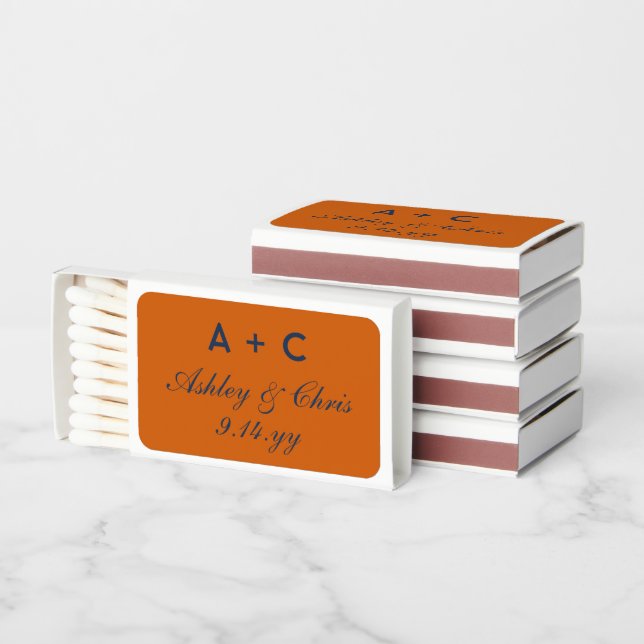 Burnt Orange Personalized Wedding Reception Favor Matchboxes (Stacked)