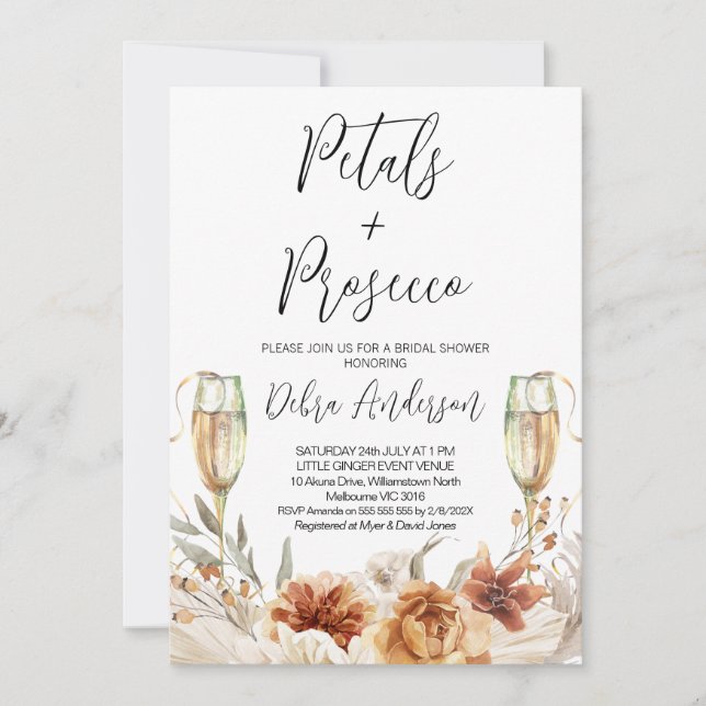 Burnt Orange Petals and Prosecco Bridal Shower Invitation (Front)