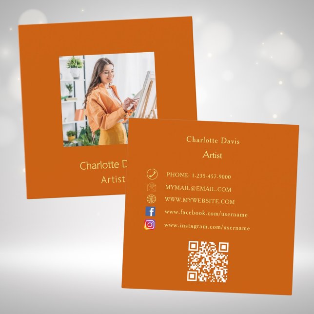 Burnt orange photo QR code social media Square Business Card (Creator Uploaded)