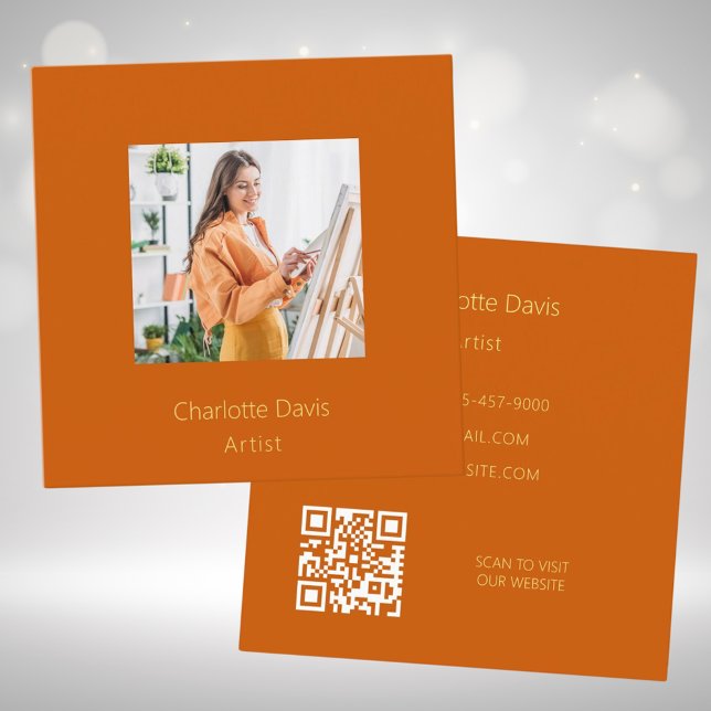 Burnt orange photo QR code Square Business Card (Creator Uploaded)