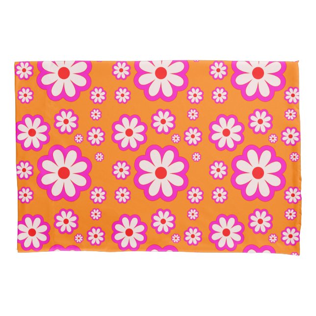 Burnt Orange& Pink Daisies 70s BOHO Floral Pattern Pillow Case (Front)