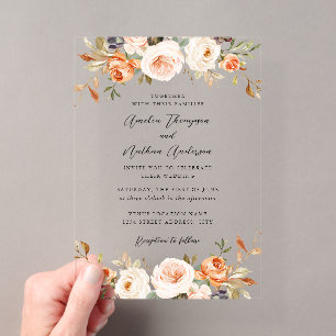 Burnt Orange Pink Rustic Botanical Florals Wedding Acrylic Invitations