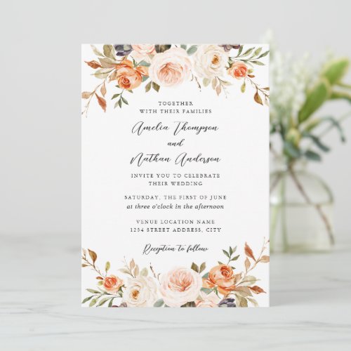 Burnt Orange Pink Rustic Botanical Florals Wedding Invitation