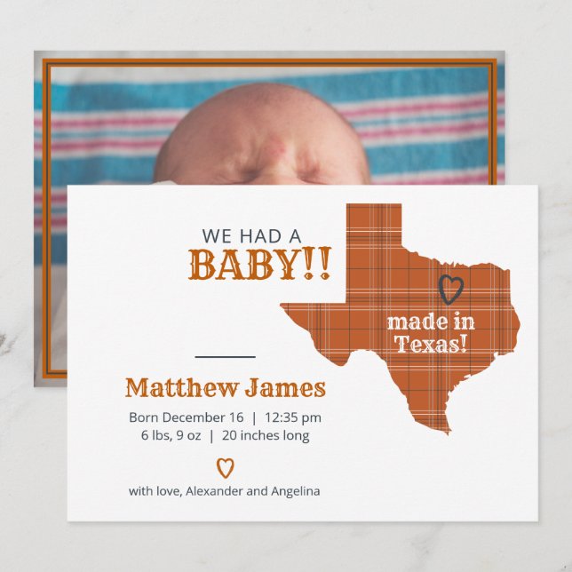 Burnt Orange Plaid Made In Texas Horizontal Photo Announcement (Front/Back)