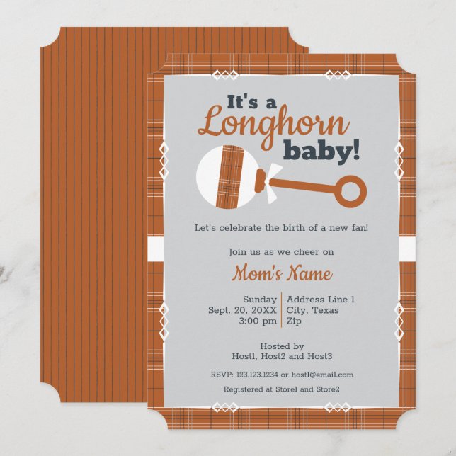 Burnt Orange Plaid Rattle Longhorn Baby Shower Invitation (Front/Back)