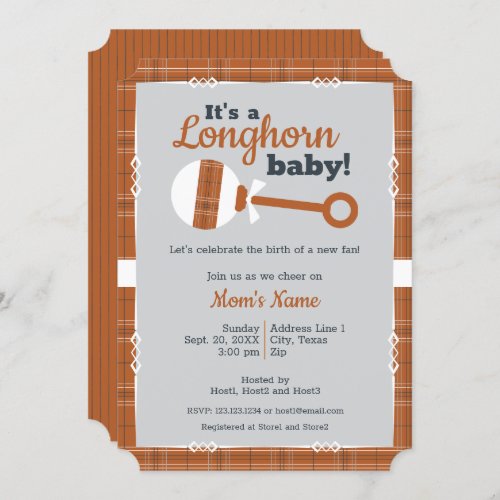 Burnt Orange Plaid Rattle Longhorn Baby Shower Invitation