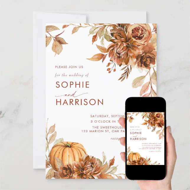 Burnt Orange Pumpkin Autumn Floral Fall Wedding Invitation | Zazzle