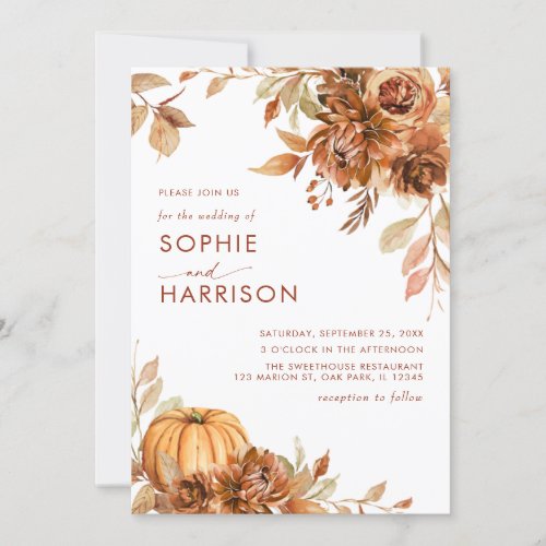 Burnt Orange Pumpkin Autumn Floral Fall Wedding Invitation