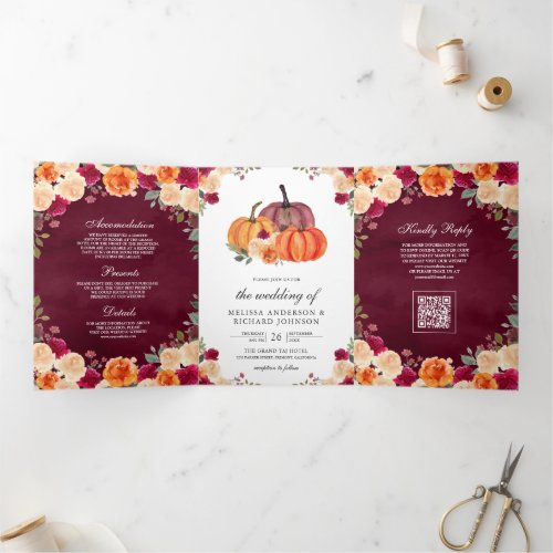 Burnt Orange Pumpkin Burgundy QR Code Wedding Tri-Fold Invitation