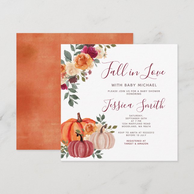 Burnt Orange Pumpkin Fall in Love Baby Shower Invitation (Front/Back)