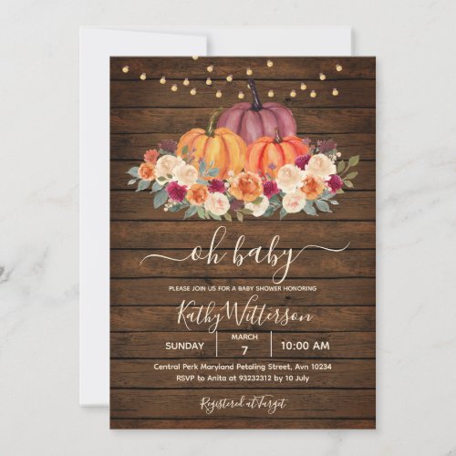 Burnt Orange Pumpkin Floral Baby Shower Wood Invitation