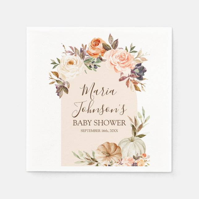 Burnt Orange Pumpkin Floral Bridal Shower Napkin (Front)