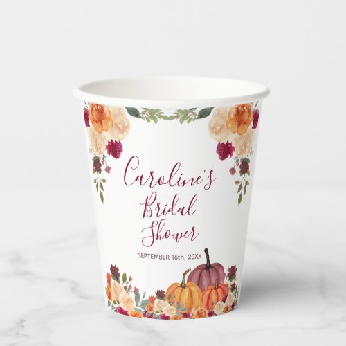 Burnt orange Pumpkin Floral Bridal Shower White Paper Cups