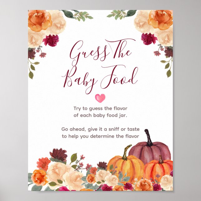 Burnt orange Pumpkin Floral Guess the Baby Food Poster (Front)
