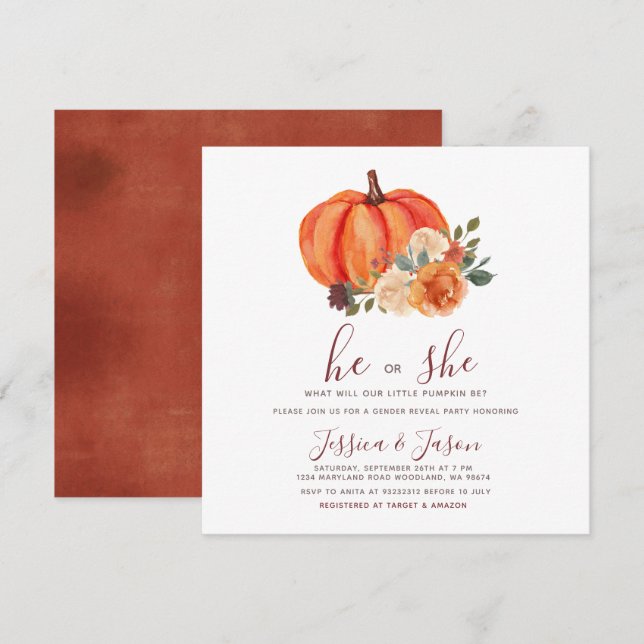 Burnt Orange Pumpkin Gender Reveal Party Invitation (Front/Back)