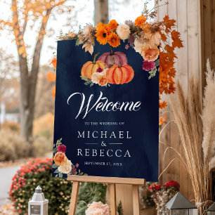 Burnt Orange Pumpkin Navy Wedding Welcome Sign