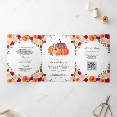 Burnt Orange Pumpkin QR Code Wedding Tri-Fold Invitation