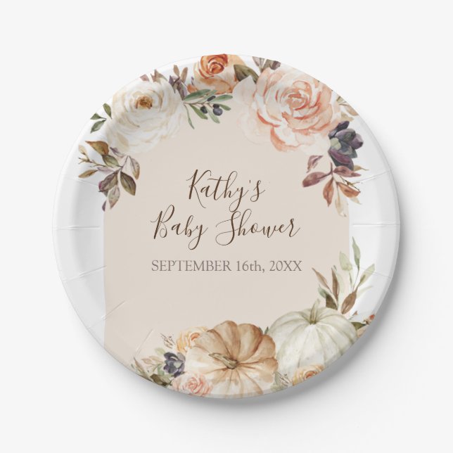 Burnt Orange Pumpkin Rustic Floral Party Paper Plates (Front)