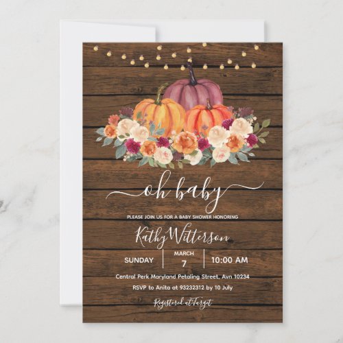 Burnt Orange Pumpkin Rustic Wood Baby Shower Invitation