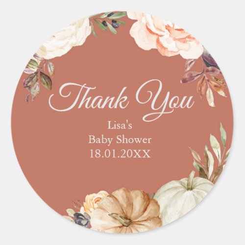 Burnt orange pumpkin shower Thank You Sticker