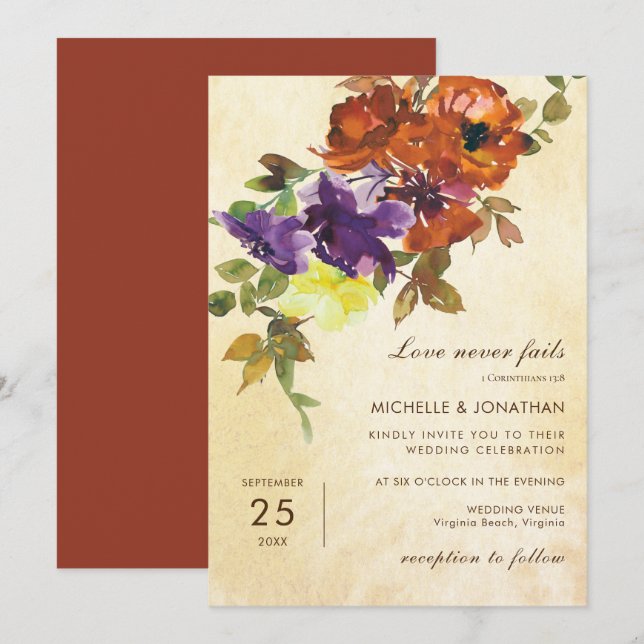 Burnt Orange Purple Fall Floral Christian Wedding Invitation (Front/Back)