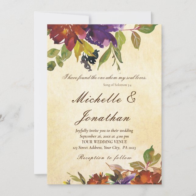 Burnt Orange Purple Floral Fall Christian Wedding Invitation (Front)