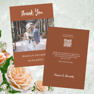 Burnt orange QR code wedding photo thank you card