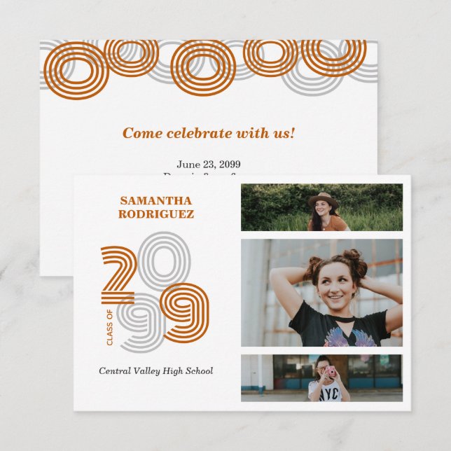 Burnt Orange Retro Big Numbers 3-Photo Graduation Invitation (Front/Back)